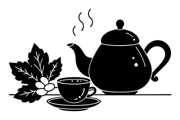 Cozy vector illustration of a teapot and teacup set on a wooden table perfect for tea lovers

