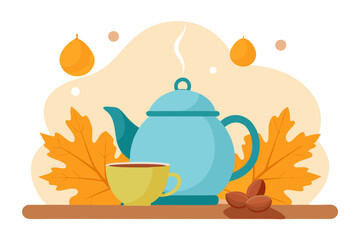 Elegant vector illustration featuring a teapot and teacup set on a wooden table for kitchen decor
