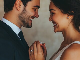 A joyful couple engages in a heartfelt moment, exchanging rings and smiles, celebrating their love and commitment.