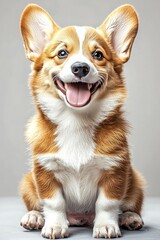 Obraz premium Happy Corgi Sitting on a Neutral Background With a Joyful Expression During a Playful Moment