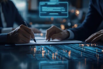 Hands signing documents with digital interface on a modern workspace.
