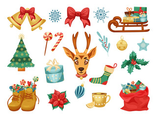 Christmas set of elements for design. Bag with gift boxes, bells, red bow, Christmas tree, snowflakes, Santa's reindeer, sock, baby shoes with sweets, sleigh, holly, poinsentia, Christmas decor.