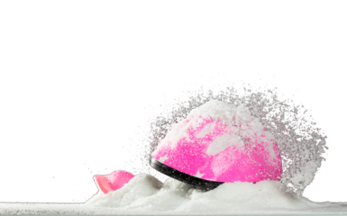 Pink safety helmet gear was covered with snow winter. Snow winter make bicycle slippery road so Safety helmet gear help protective children from danger. Black background isolated