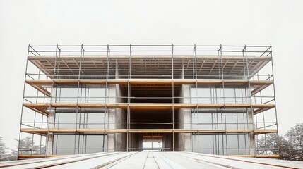 Construction of a Modern Building With Scaffolding on a Winter Day in a City Landscape