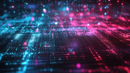 Fototapeta premium Abstract Digital Grid with Glowing Blue and Pink Lights