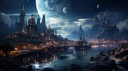 Fantasy Cityscape under a Blue Moon
