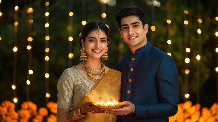 Portrait of a young Indian woman in a gold saree and a young Indian man in a blue sherwani, holding a diya thali together, Diwali backdrop with strings of marigold flowers and fairy lights, Indian