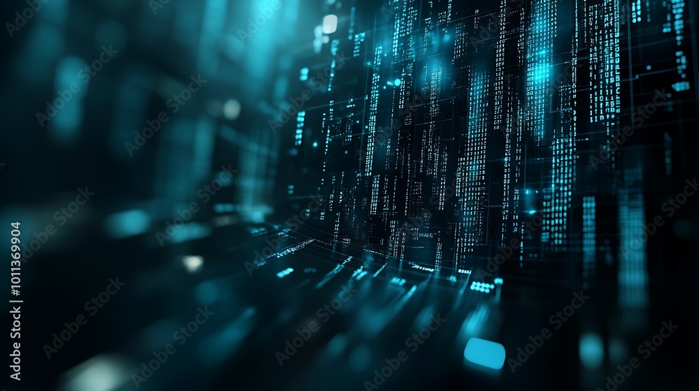Poster Abstract digital background with glowing blue lines and binary code.