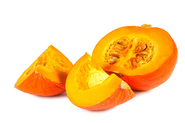 Freshly sliced pumpkin, showcasing vibrant orange flesh and seeds, perfect for autumn cooking or seasonal decorations