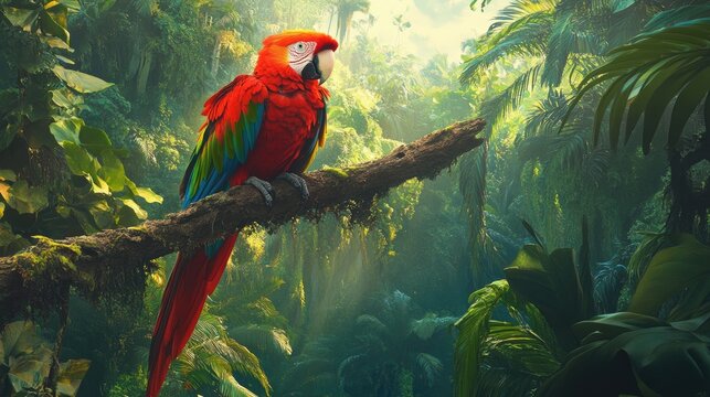 A vibrant red parrot perched on a tree branch, surrounded by lush green jungle, highlighting the beauty of wildlife and nature's vivid colors.