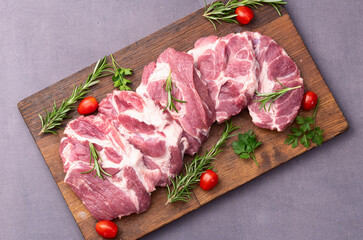 Neck of raw pork meat . Top view