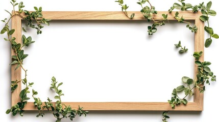 A stylish wooden frame with delicate plants arranged around it, offering a fresh and elegant look, isolated on a white backdrop for home inspiration.
