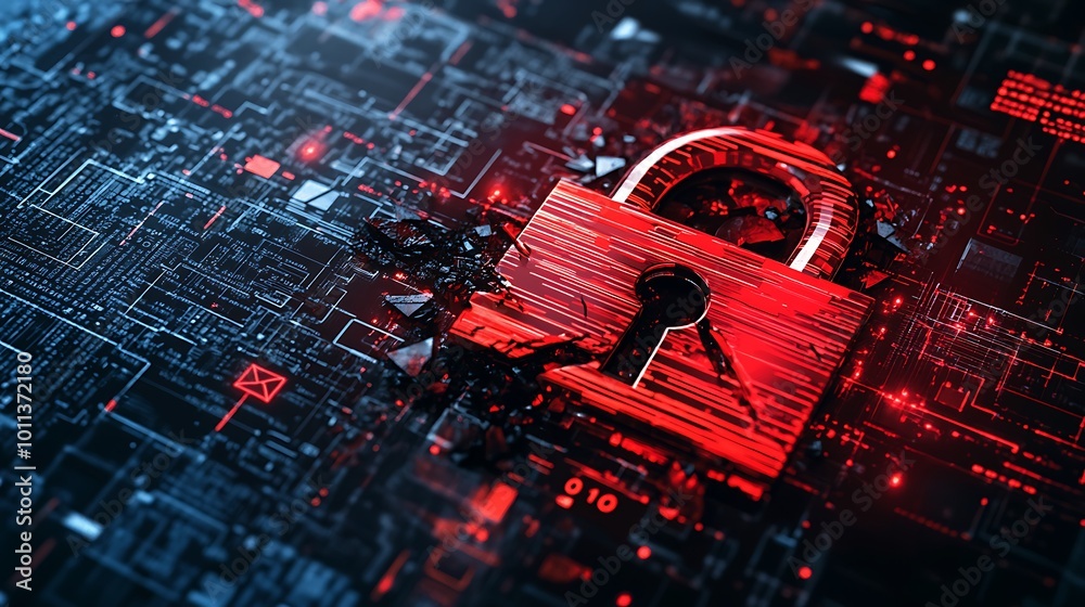 Poster a glowing red padlock with a keyhole is shattered with cracks around it, symbolizing a breach in cyb
