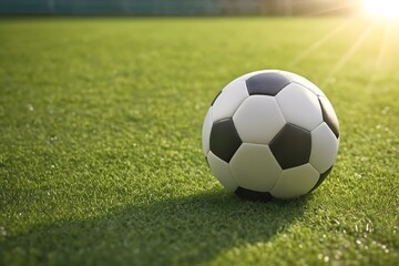 Fototapeta premium Soccer ball on green grass, perfect for sport or football themes, featuring black and white leather ball on a green field