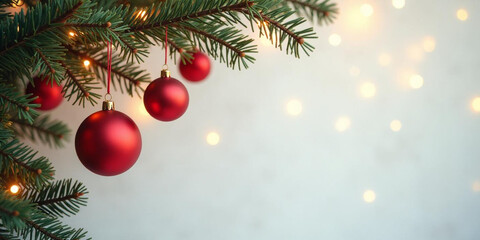 A close-up of a Christmas tree branch with red ornaments hanging from the needles against a blurred white background