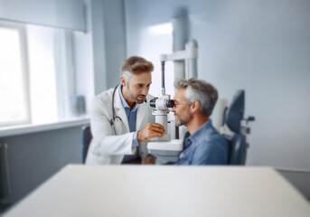 A doctor in a white coat examines a patient's eyes using a machine.