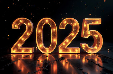 numbers 2025 yellow gold shiny on a black background, with reflection