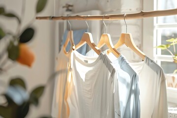 Clean clothes hanging on drying rack