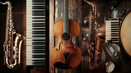 5 strips of instruments: acoustic guitar, grand piano, saxophone, drum set, violin. Musically thematic with high contrast and focus on details.