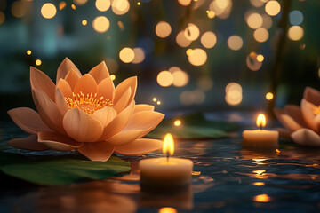Light candles and lotuses on a blurry background. Traditional design template for Indian festival of lights Diwali and Pongal. Ugadi, Gudi Padwa. Hindu New Year. Religion concept with copy space