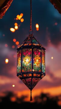 indian style diwali akash kandil, akash diva, lamp lantern hanging, with firecracker in background in sky 