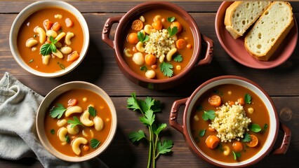 A rustic wooden table displaying various bowls of hearty soups, including chicken noodle and minestrone, with fresh herbs and bread for dipping.