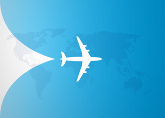 Fototapeta premium An Airplane Silhouette Opens Up the Translucent Cover Background Over the Map of the World. Banner for Trip to Abroad or Vacations, Discovering Travel Around the World Concept