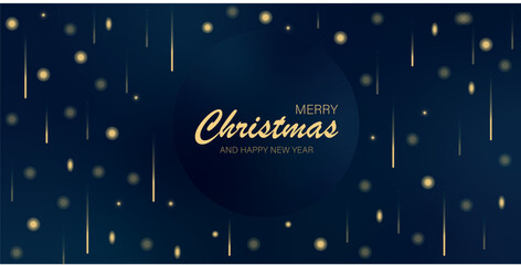 Naklejka premium Blue and gold christmas banner with stars and balloons. Merry Christmas and Happy New Year greeting banner. Horizontal new year background, headers, posters, cards, website.V ector illustration