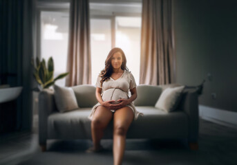 A pregnant woman sits on a couch in a living room, smiling and cradling her belly.