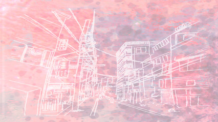 Artistic line drawing of a street scene set against an abstract background. Perfect for urban, modern, and artistic projects.