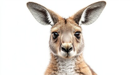 Fototapeta premium Close-up View of a Kangaroo Looking Curiously at the Camera Against a Plain White Background