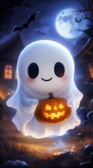 A cute cartoon ghost holds a jack-o-lantern while floating in the night.