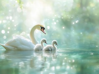 A family of swans swimming together in a peaceful pond