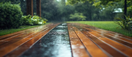 Obraz premium A wooden walkway through a lush garden with rain falling and reflecting on the wet wood.
