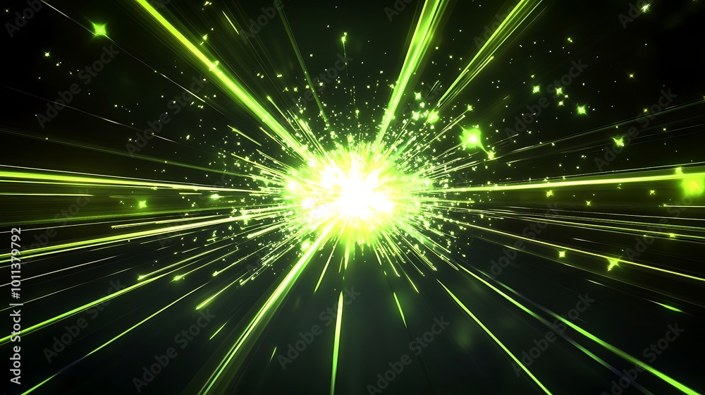 Fototapete A bright green light explodes from the center of the image, radiating outwards in a starburst pattern. Tiny white stars twinkle in the surrounding darkness.