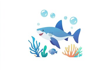 Obraz premium A cheerful cartoon shark swims among colorful corals and playful fish in a vibrant underwater world