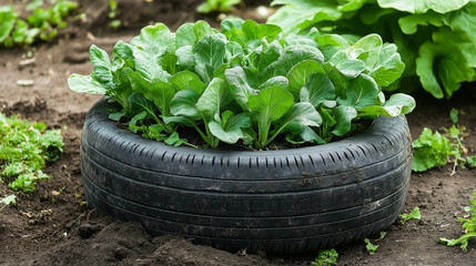 Green vegetables growing inside an old, recycled tire used as a planter, Leafy greens in rubber of the tire, The blend of nature and repurposed materials in an eco-friendly garden