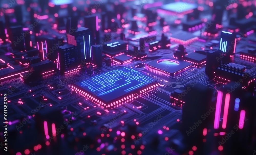 Poster the future of computing. the microchip quantum processor. a modern 3d illustration of a futuristic c
