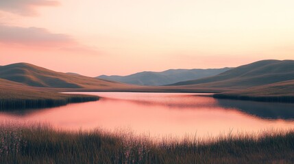Fototapeta premium Serene Twilight Over a Tranquil Lake Surrounded by Rolling Hills and Soft Grasses