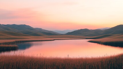 Obraz premium Tranquil Sunset Over a Serene Lake Surrounded by Rolling Hills and Tall Grass in a Peaceful Landscape