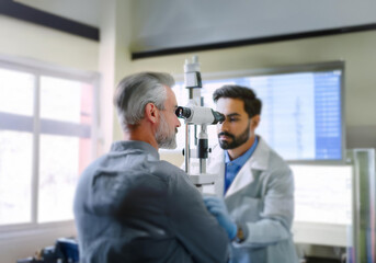 Obraz premium A man looks through an ophthalmoscope as a doctor examines his eye.