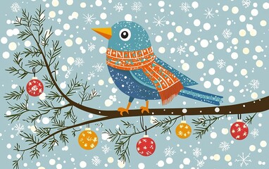 Fototapeta premium A charming bluebird wearing a vibrant scarf perched on a snowy branch during a festive winter day