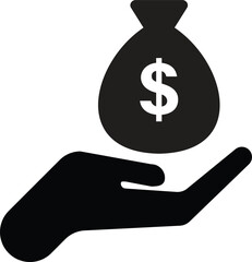 Money bag in hand icon . Hand holding money . Dollar bag on hand icon vector