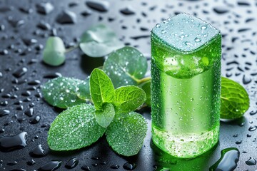 Refreshing green mint ice cube on a table, surrounded by fresh mint leaves and water droplets for a cooling sensation.