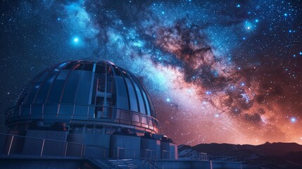 Obraz premium A high-tech space observatory with advanced telescopes, holographic star maps, and scientists analyzing distant galaxies