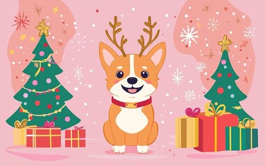 Naklejka premium A cheerful corgi with antlers celebrates Christmas amidst decorated trees and festive gifts in a cozy setting