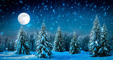 christmas night landscape with snowy moon