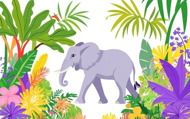 Naklejka premium A playful elephant strolls through a vibrant jungle filled with lush foliage and colorful tropical flowers in the heart of nature