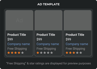 Dark mode search ad template. Online rating review with free shipping text. Placeholder image label for ads, app store listings and digital marketing mockups. Landing pages, SEO strategy, web banner