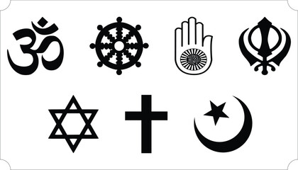 Religion Icons Set, Containing All Religion Icons Outlines. Christianity, Islam, Buddhism, Hinduism, Jainism, yin and yang, Shinto tori gate, Sikhism and swastik. Vector Illustration Collection